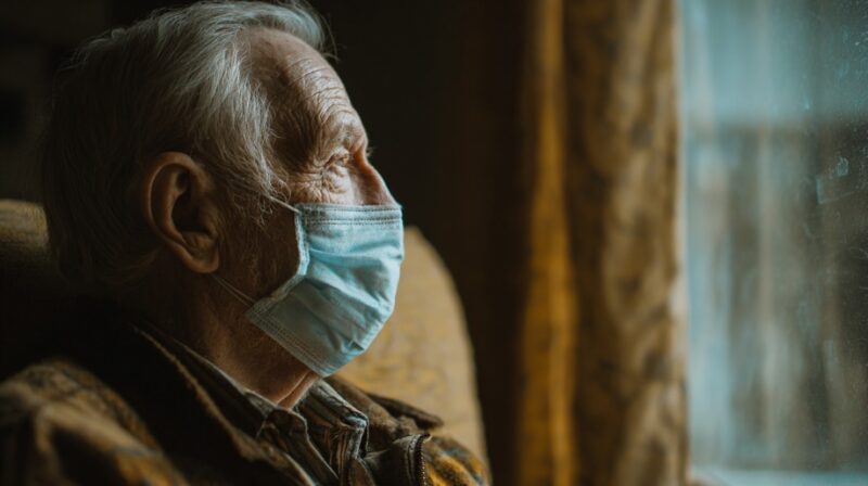 Elderly man wearing a face mask, sitting by a window and gazing outside, suggesting reflection and the need for long-term care planning