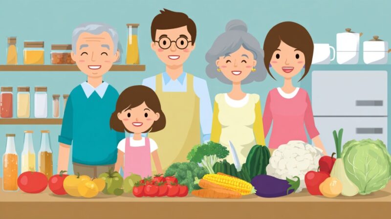 Illustration of a smiling multigenerational family standing in a kitchen with a colorful variety of vegetables and healthy foods