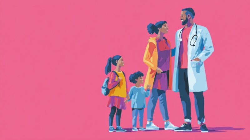 Illustration of a smiling family with two kids talking to a doctor on a pink background